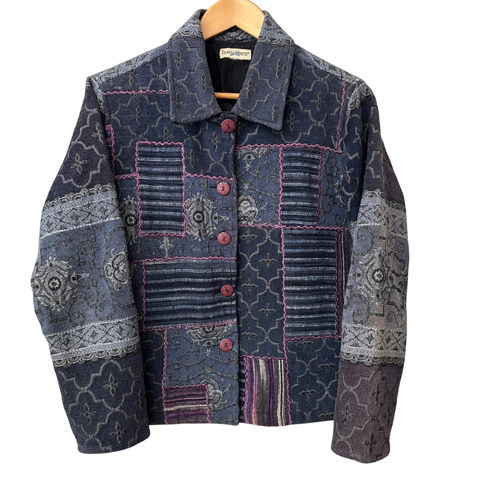 TravelSmith Women Jacket Bohemian Blue Patchwork Tapestry Damask Lined Cotton